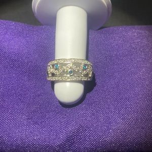 Solid 14k white gold ring with blue diamonds